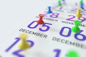 December 5 date and push pin on a calendar, 3D rendering