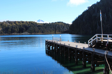 Boat dock at Isla Victoria on the waters of Nahuel Huapi Lake. 