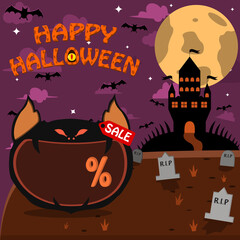 Halloween Character Head With Creepy Bat Head On Graveyard and Palace. Percent, Sale, and Dark Background