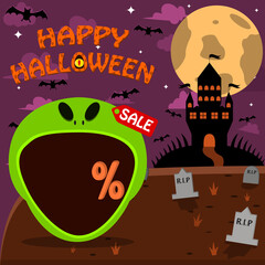 Halloween Character Head With Alien Head On Graveyard and Palace. Percent, Sale, and Dark Background