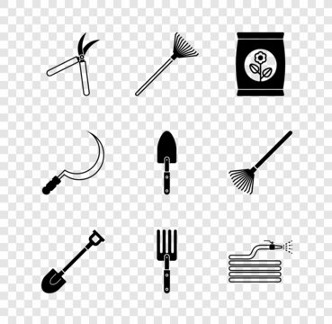 Set Gardening handmade scissor, rake for leaves, Fertilizer bag, shovel, fork, hose fire hose, Sickle and trowel spade icon. Vector