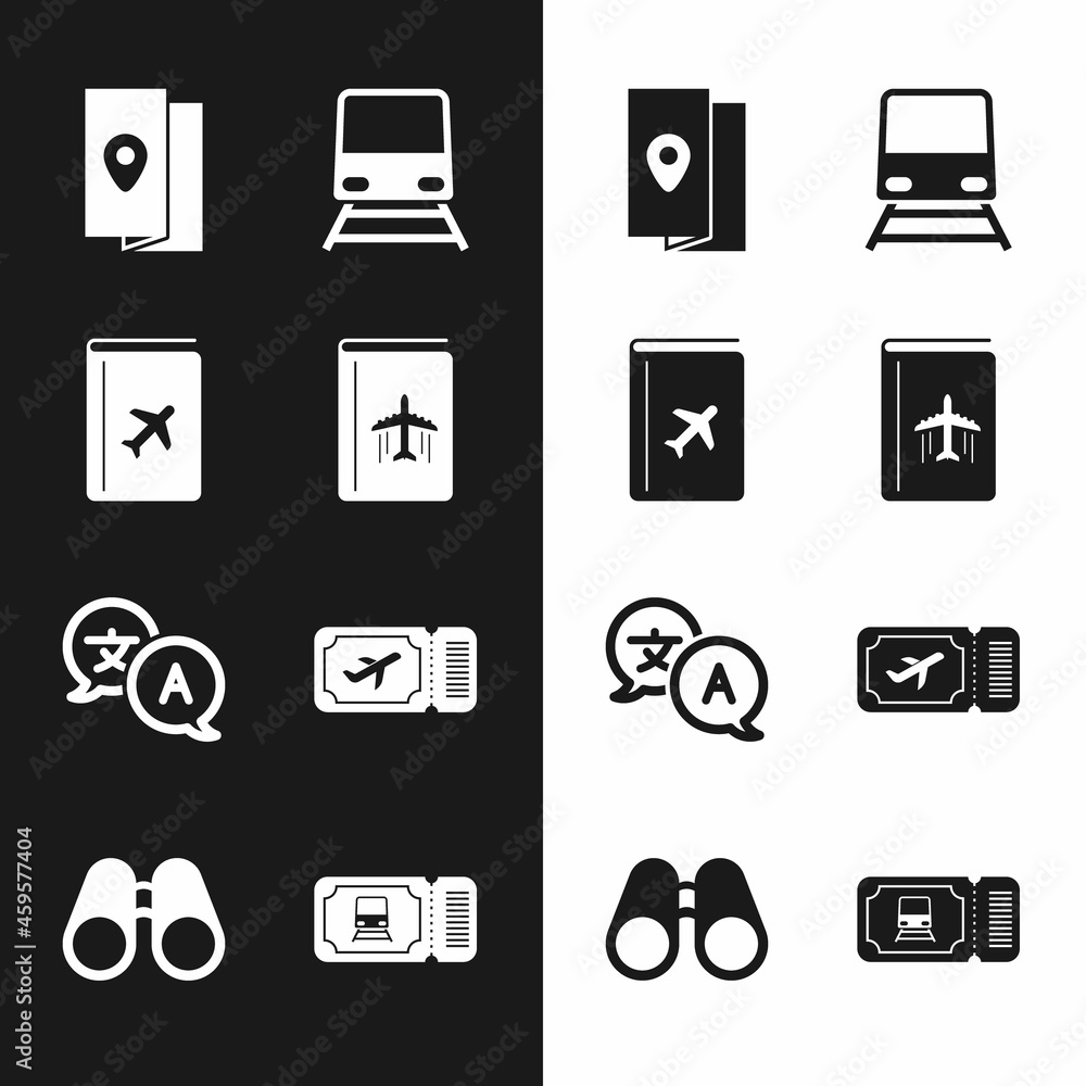 Sticker Set Cover book travel guide, Train, Translator, Airline ticket, and Binoculars icon. Vector