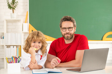 childhood and parenthood. happy boy study with private teacher. webinar video lesson.