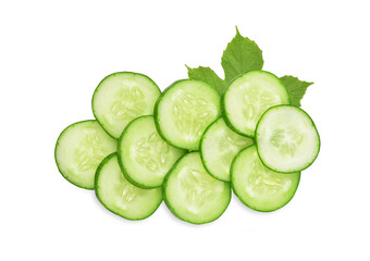 Sliced cucumber with leaf isolated on white background. Top view