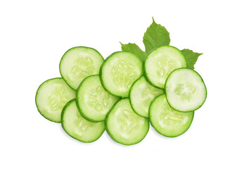Sliced cucumber with leaf isolated on white background. Top view