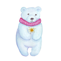 Christmas white bear. Watercolor bear holding a sparkler. Fireworks. Winter vector illustration.