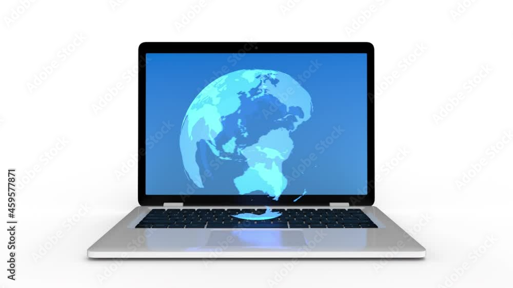 Poster neon globe rotates on laptop keyboard, 4k loop animation with alpha channel