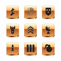 Set Aviation bomb, Nuclear rocket, Bullet, Military rank, Biohazard, Chevron, Hand grenade and Radar with targets icon. Vector
