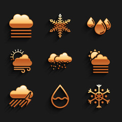 Set Cloud with snow, Water drop, Snowflake, Fog and cloud sun, rain lightning and Windy weather icon. Vector