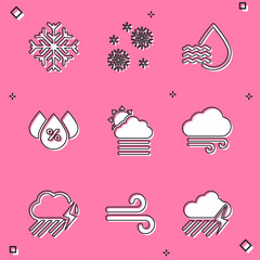 Set Snowflake, Water drop percentage, Fog and cloud with sun and Windy weather icon. Vector