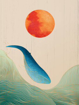 Stylish Japanese style poster with waves and whale of golden lines for textile and social media decoration.
