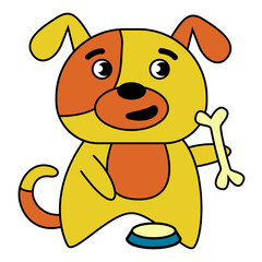 Cartoon dog sticker. Dog eating bone, cute mascot character