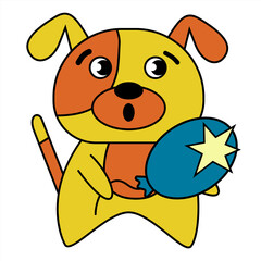 Cartoon dog sticker. Dog succumbed bursting balloon, cute mascot character