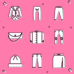 Set Blazer or jacket, Pants, Sport pants, Clutch bag, T-shirt, Winter hat and icon. Vector