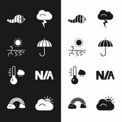 Set Umbrella, Drought, Cone meteorology windsock wind vane, Storm, Meteorology thermometer, Not applicable, Sun and cloud and Rainbow with clouds icon. Vector