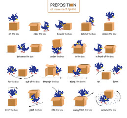 Preposition of place and movement. Bird and box - 459579270