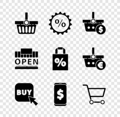 Set Shopping basket, Discount percent tag, and dollar, Buy button, Smartphone with, cart, building open and Shoping bag discount icon. Vector