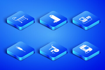Set Medicine bottle and pills, Operating table, Wheelchair for disabled person, Syringe, Inhaler and Blood pressure icon. Vector