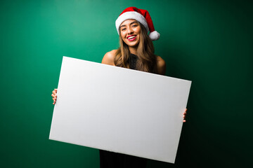 Portrait of a woman with a blank ad