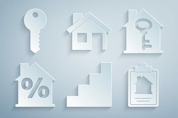 Set Staircase, House with key, percant discount, contract, and icon. Vector