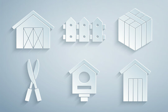 Set Bird house, Bale of hay, Gardening handmade scissors, Wooden outdoor toilet, fence wooden and Farm icon. Vector