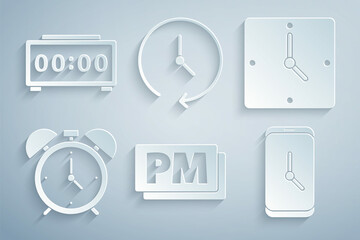 Set Clock PM, Alarm clock, app mobile, and Digital alarm icon. Vector