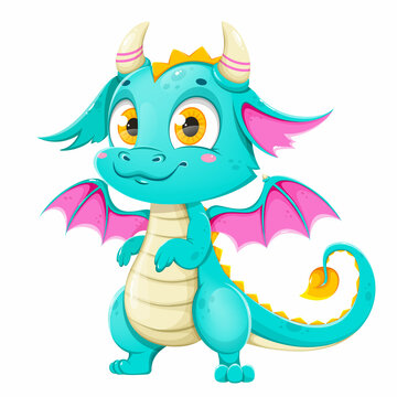 Funny fairy dragon, cute magic lizard with wings