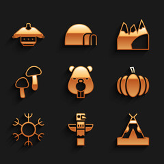 Set Beaver animal, Canadian totem pole, Indian teepee or wigwam, Pumpkin, Snowflake, Mushroom, Mountains and Christmas sweater icon. Vector