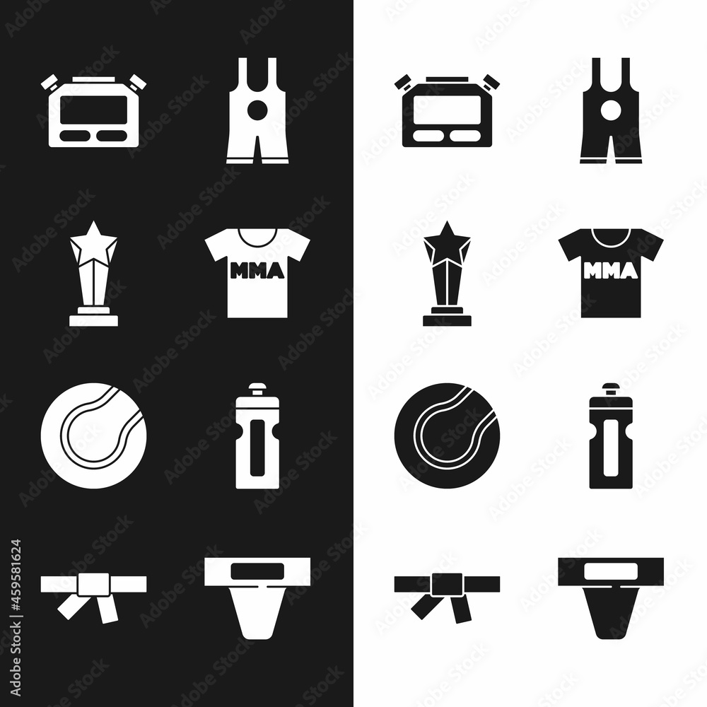 Sticker Set T-shirt with fight club MMA, Award cup, Stopwatch, Wrestling singlet, Tennis ball, Fitness shaker, Groin guard and Black karate belt icon. Vector