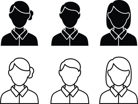 Employee Worker Avatar Set with Men and Woman - Outline and Silhouette