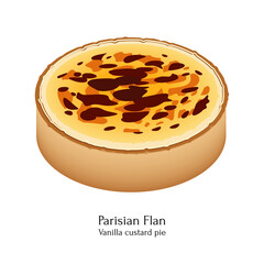 Parisian flan traditional French dessert. Colorful illustration on white background.