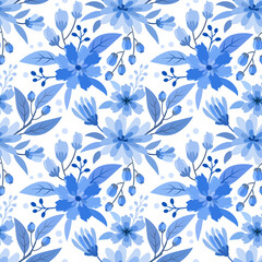 Fototapeta na wymiar Blue monochrome flower design seamless pattern.