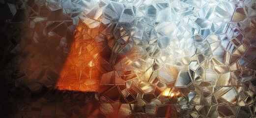 Corrugated glass with backlight. Beautiful light refraction in red, brown, yellow, orange and black...