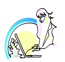 One line drawing of happy  young woman working with computer.
One continuous line drawing of business woman using laptop.
