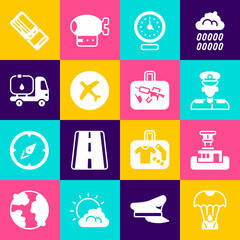 Fototapeta premium Set Parachute, Airport control tower, Pilot, Clock, Plane, Fuel tanker truck, Airline ticket and Suitcase icon. Vector
