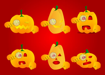 Decorative pumpkin for Halloween holding a magnifying glass as a cartoon character with face. Vector Illustration.