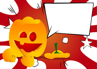 Decorative pumpkin for Halloween holding finger front of his mouth as a cartoon character with face. Vector Illustration.