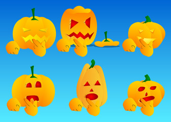 Decorative pumpkin for Halloween holding finger front of his mouth as a cartoon character with face. Vector Illustration.