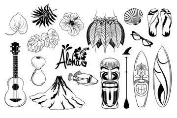 Traditional symbols of Hawaiian culture set. Tropical summer elements set. Hawaiian beach party. Vector illustration. - obrazy, fototapety, plakaty