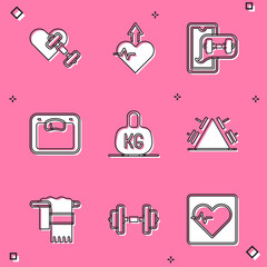 Set Dumbbell with heart, Heartbeat increase, Fitness app, Bathroom scales, Weight, Metal rack weight, Towel on hanger and icon. Vector