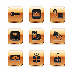 Set Old key, Stacks paper money cash, Gift box, Online poker table game, Lottery ticket, Casino chips exchange, Lucky player and King playing card icon. Vector