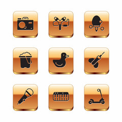 Set Photo camera, Microphone, Music synthesizer, Rubber duck, Sand in bucket, Racket, Roller scooter and Slingshot icon. Vector