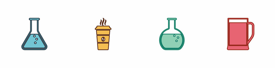 Set Test tube and flask, Coffee cup, and Glass beer icon. Vector