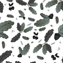 Hand drawn seamless pattern with oak leaves. For textiles, notebook covers, cards and other printed products. Vector illustration.