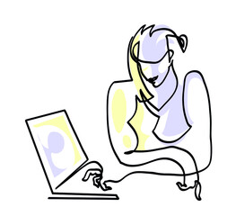 One continuous line drawing of business woman using laptop.
