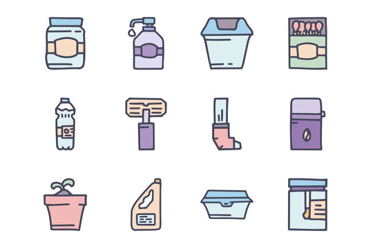 Plastic household items color vector doodle simple icon set