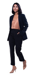 Full Length Indian Arab Business Woman Stand black Formal Suit pants walk. Lawyer Boss walk right