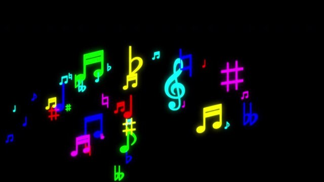 Colourful Neon Glow Music Notes Flowing Animation on Black Background