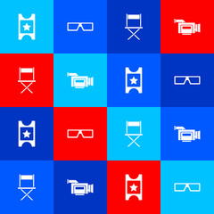 Set Cinema ticket, 3D cinema glasses, Director movie chair and camera icon. Vector