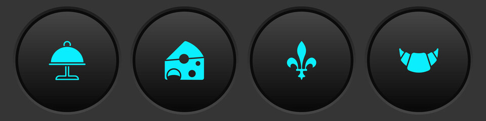 Set Covered with tray, Cheese, Fleur De Lys and Croissant icon. Vector